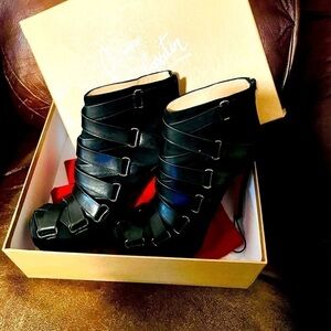 CHRISTIAN Louboutin Ni toi Ni Moi 120 kid leather strappy Booties EU35.5